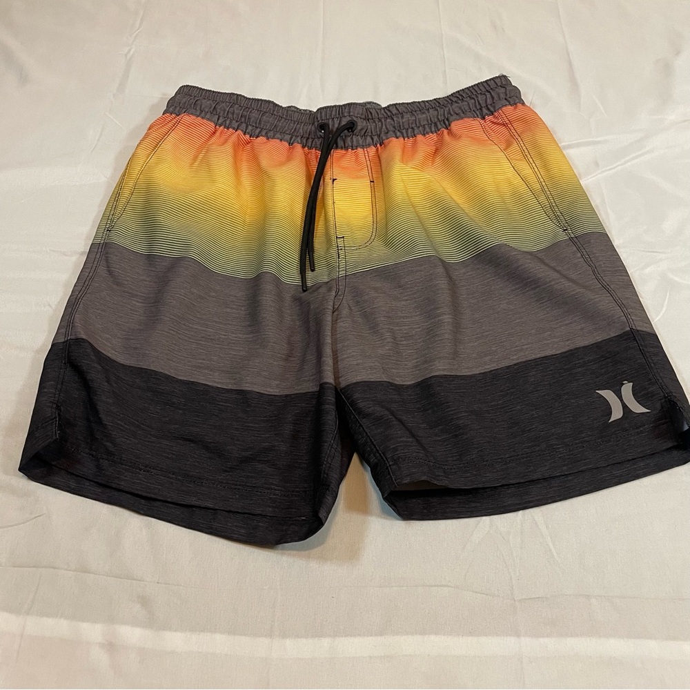 Hurley Mens Board Shorts Sunset Stripe Swim Trunks Grey Orange Medium